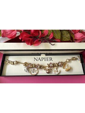 Napier Nautical Ocean Theme Goldtone Pearl Beaded Shells Fish Charm Bracelet NEW